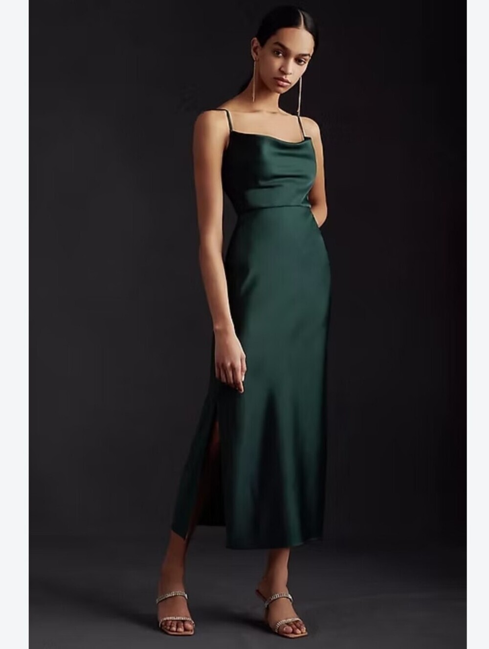 BHLDN Cali Dark Emerald Green Satin Cowl Neck Midi Slip Dress Sz 4 Wedding Guest